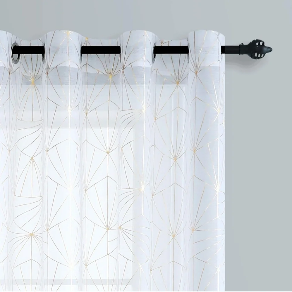 White Sheer Curtains With Gold Foil Geometric Pattern H63